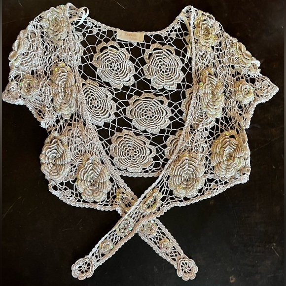 Kroshetta by Papillon crocheted sweater with sequin flowers, OS - Picture 5 of 12